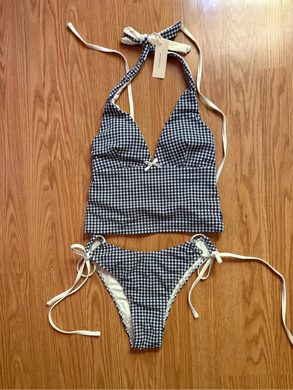 NWT Seamolly Gingham Halter Tankini Bikini Set in Navy Blue & White Size Small